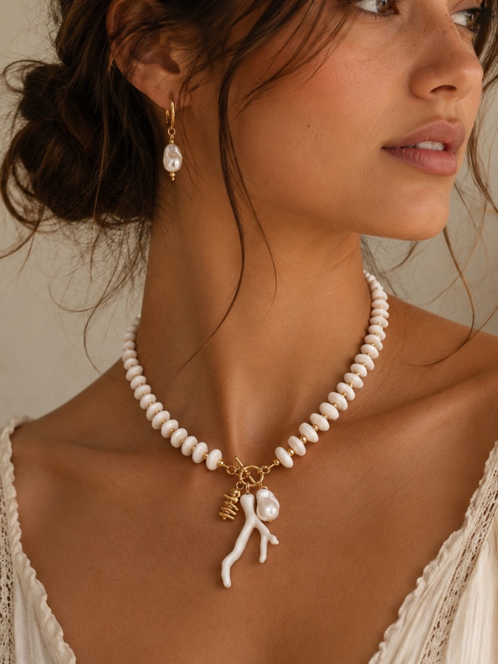 Gold and White Baroque Pearl Charm Necklace
